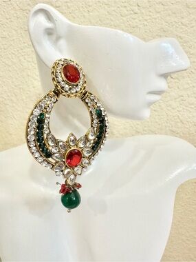 Gold-Tone Red & Green Crystal Drop Earrings - Southeast Asian